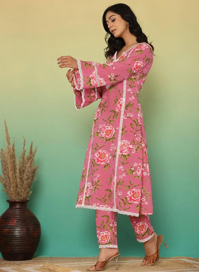 KASYA Pink Cotton Floral Printed Kurta with Pants Set - Image 3